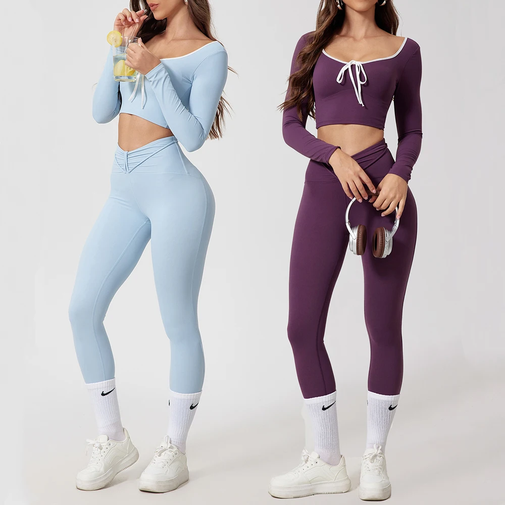 

Комплект из двух предметов, женские спортивные костюмы, женские спортивные леггинсы с длинными рукавами и высокой талией, комплект спортивной одежды, костюм для тренировок в тренажерном зале, фитнес-йога