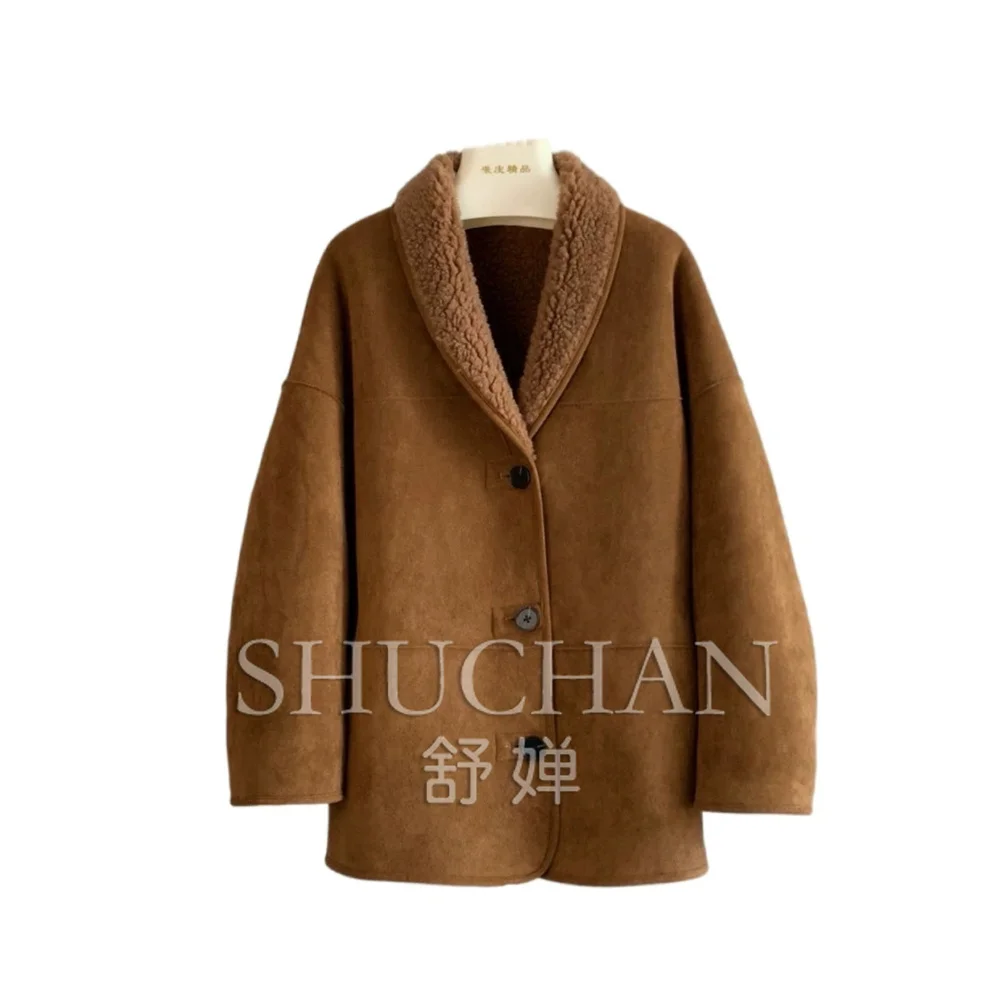2026 winter Morocco single-row warm brown autumn and winter hair two wear suede lapel jacket sheep shearing fur integrated women