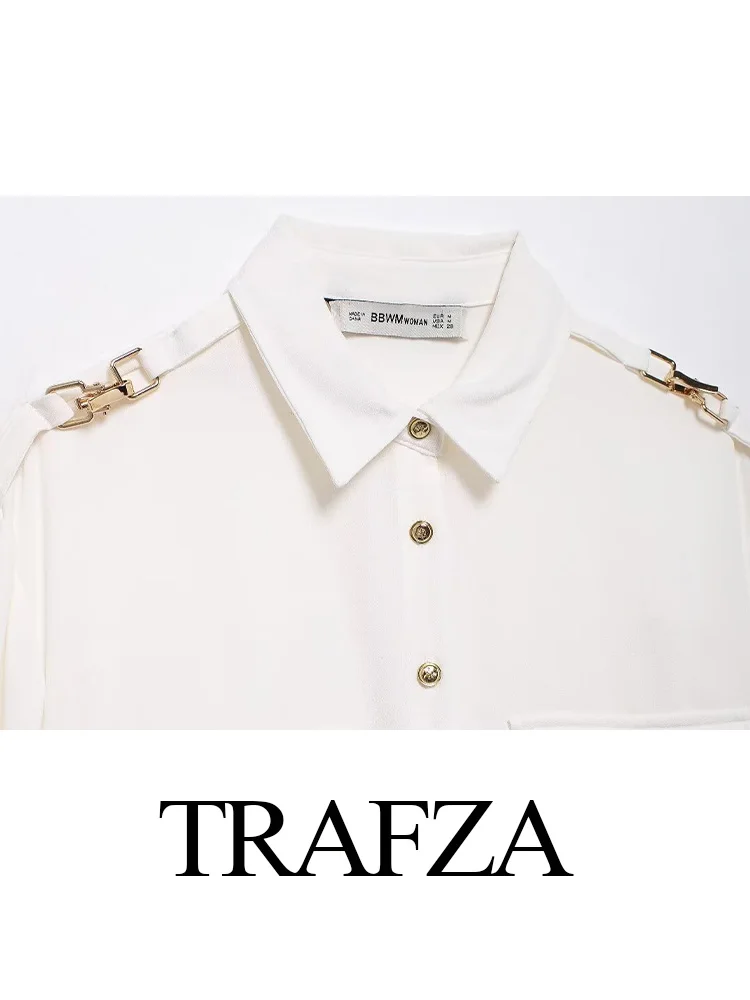 TRAFZA-Chemisier à Manches sulfet Col Rabattu pour Femme, Chemise à Boutonnage Simple avec Poches, Couleur Unie, Décorer, Initié au Printemps