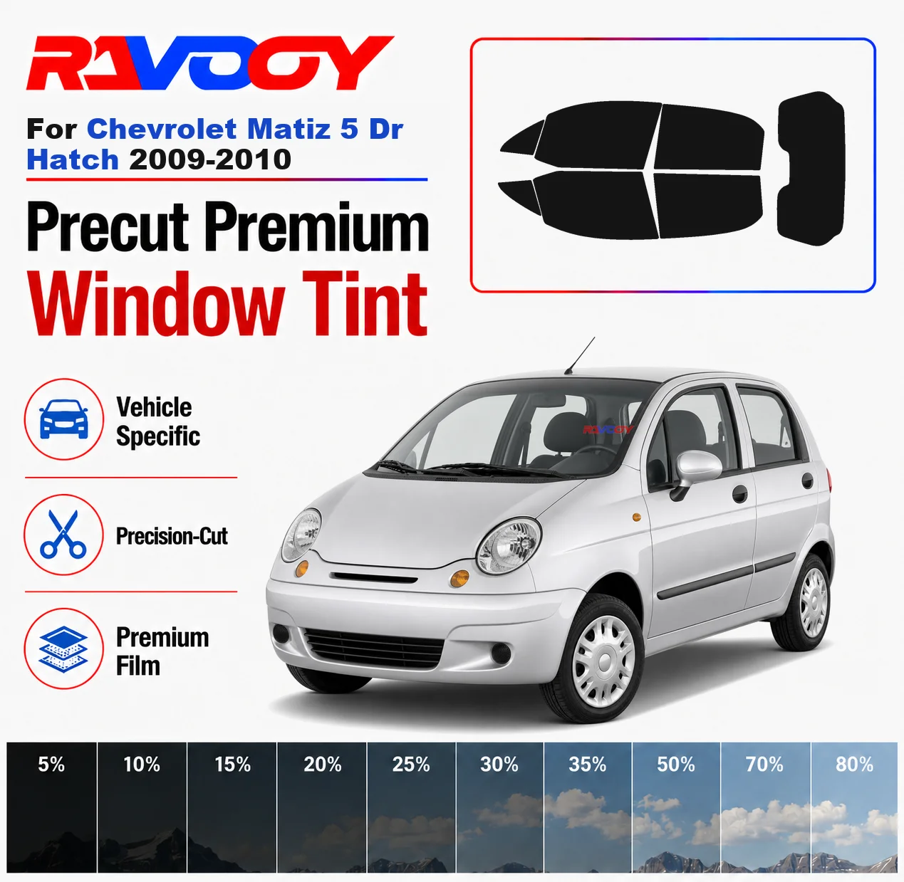 Premium Precut Window Tint Kit Front Rear Windows Rear Windshield For Chevrolet Matiz 5 Dr Hatch 2009-2010 Nano Ceramic Film