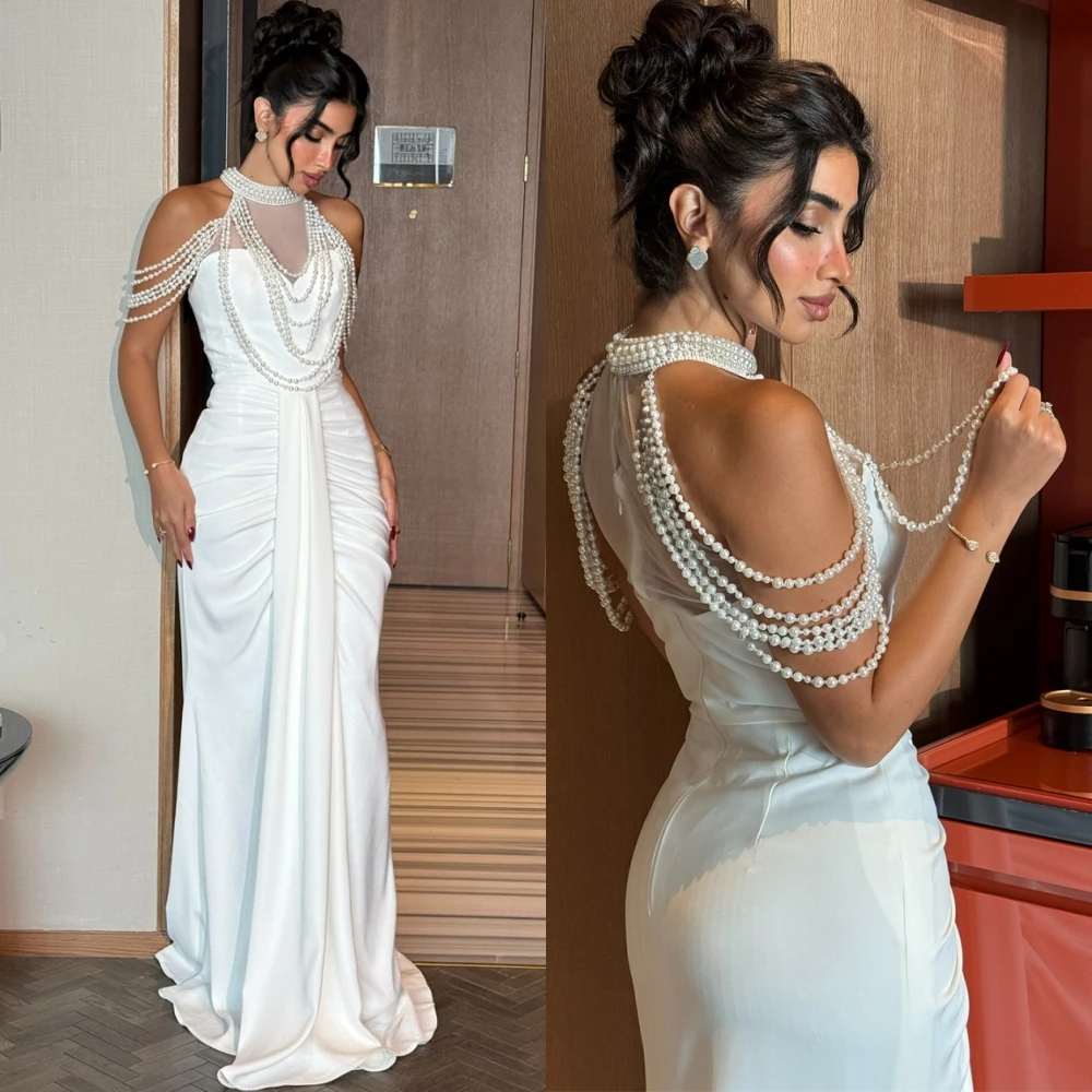 

Customized Elegant Sleeveless Halter Evening Dress Exquisite Jersey Prom Dresses Delicate Sweep Train Special Occasion Gowns