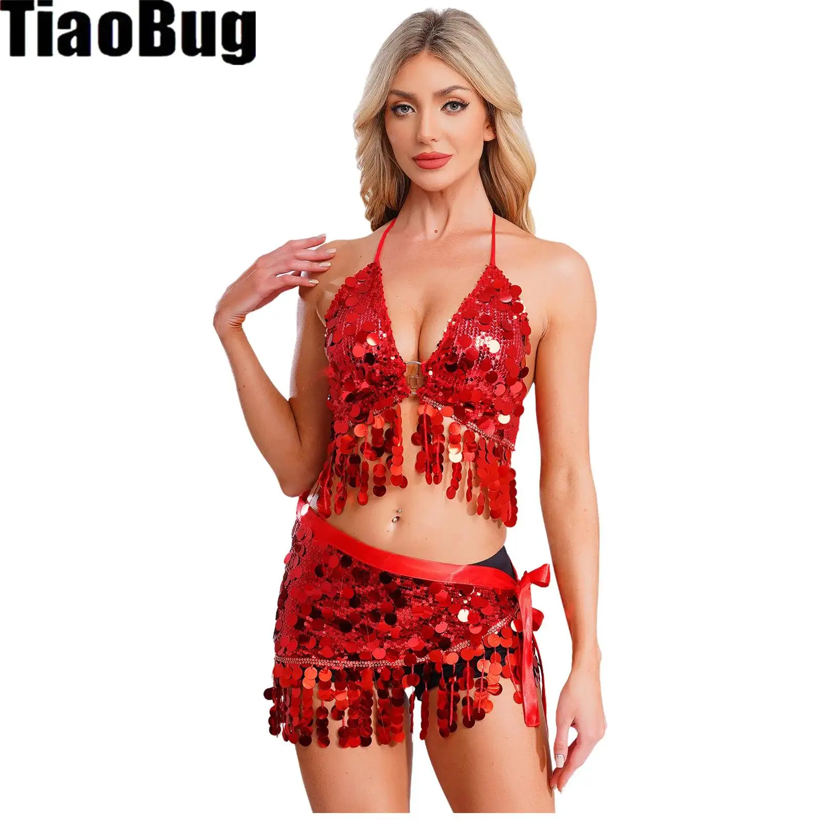 

Women Belly Dance Wear Sequined Crop Top Or Crop Top And Hip Scarf Shiny Sequin Tassel Lace-up Dance Costume for Stage And Class