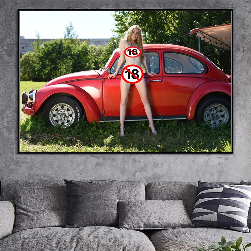 Sexy Blonde Girls and Car Wall Art Posters Naked Woman Lena Flora Picture Canvas Printings Painting Living Room Home Decor