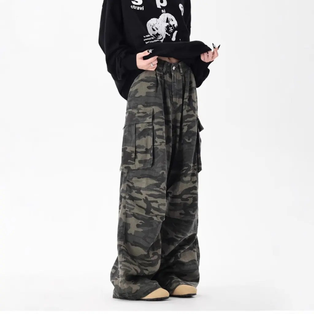 Pantalon de Camouflage américain rétro pour hommes et femmes, avec multi-poches, Design droit plissé, Denim ample à jambes larges, printemps automne