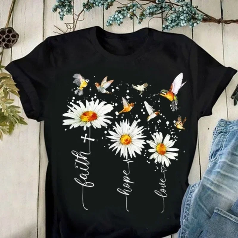 Mulheres Faith Hope Love Camiseta com estampa Margarida, manga curta, gola O, camiseta solta, tops de verão