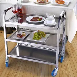 Carrito móvil de acero inoxidable de tres niveles para comedor, carrito de té para cocina, mesa pequeña, vino comercial, HWC