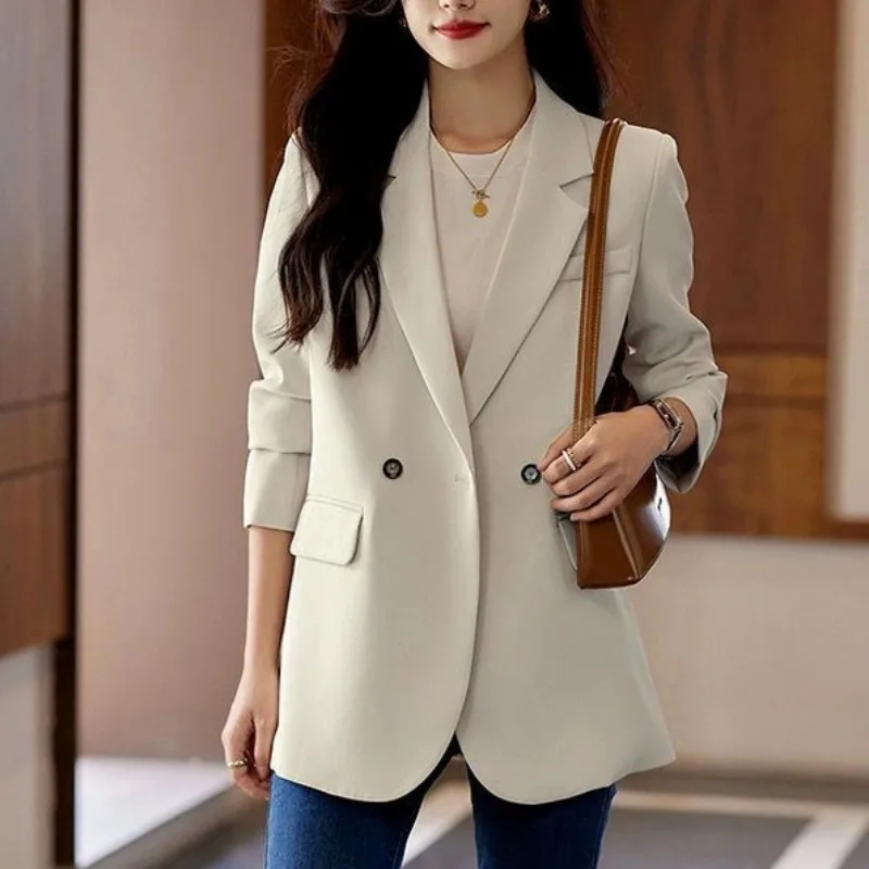 Korean Style Blazers for Women Long Sleeve Office Lady Clothing All-match Solid Minimalist Single Button Fashion Casual Notched