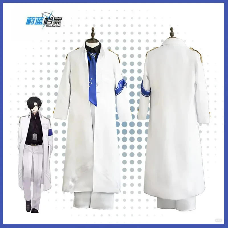 CyGame Blue Archive The Animation Teacher Schale Cosplay Kostüm Funktionierender weißer langer Mantel Hemd Uniform Perücke Mann Karneval Anzug