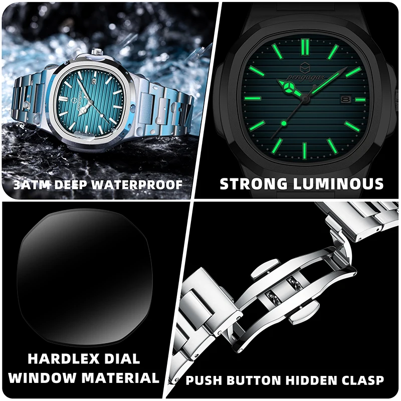 PENGAGAR Orologio da uomo al quarzo quadrato di lusso 2024 Impermeabile luminoso Data Orologio da lavoro in acciaio inossidabile per uomo Reloj Hombre + scatola