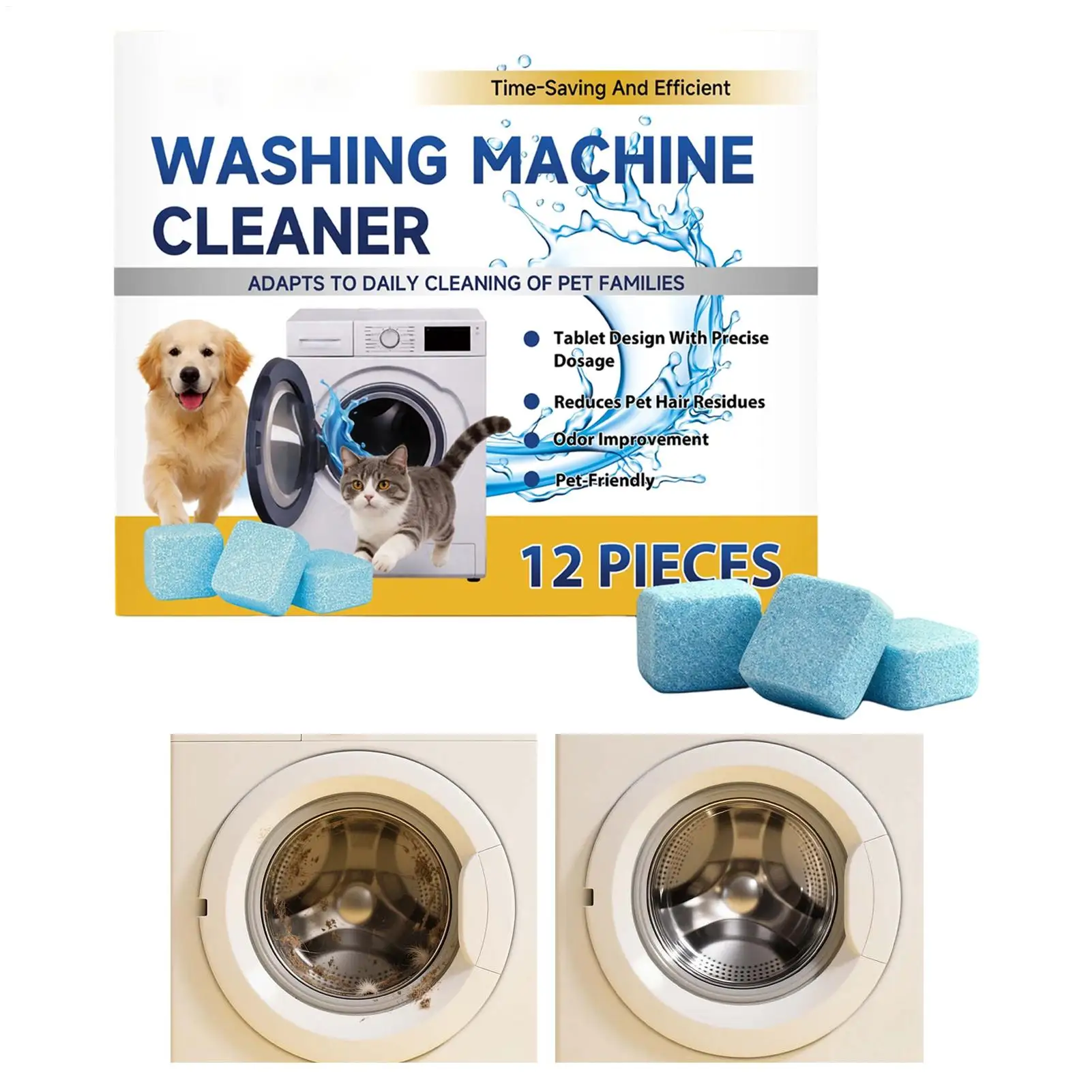 Washing Machine Cleaner Tablets 12pcs Odor & Stain Remover Deep Clean for Top/Front/HE Loaders, Removes Limescale, Grease, Grime