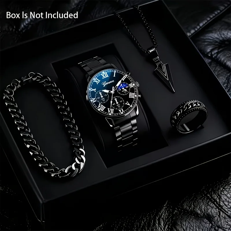 4pcs/set Men's Round Steel Strip Quartz Watch and Accessory Set, Perfect for Leisure, Business, and Event Participation