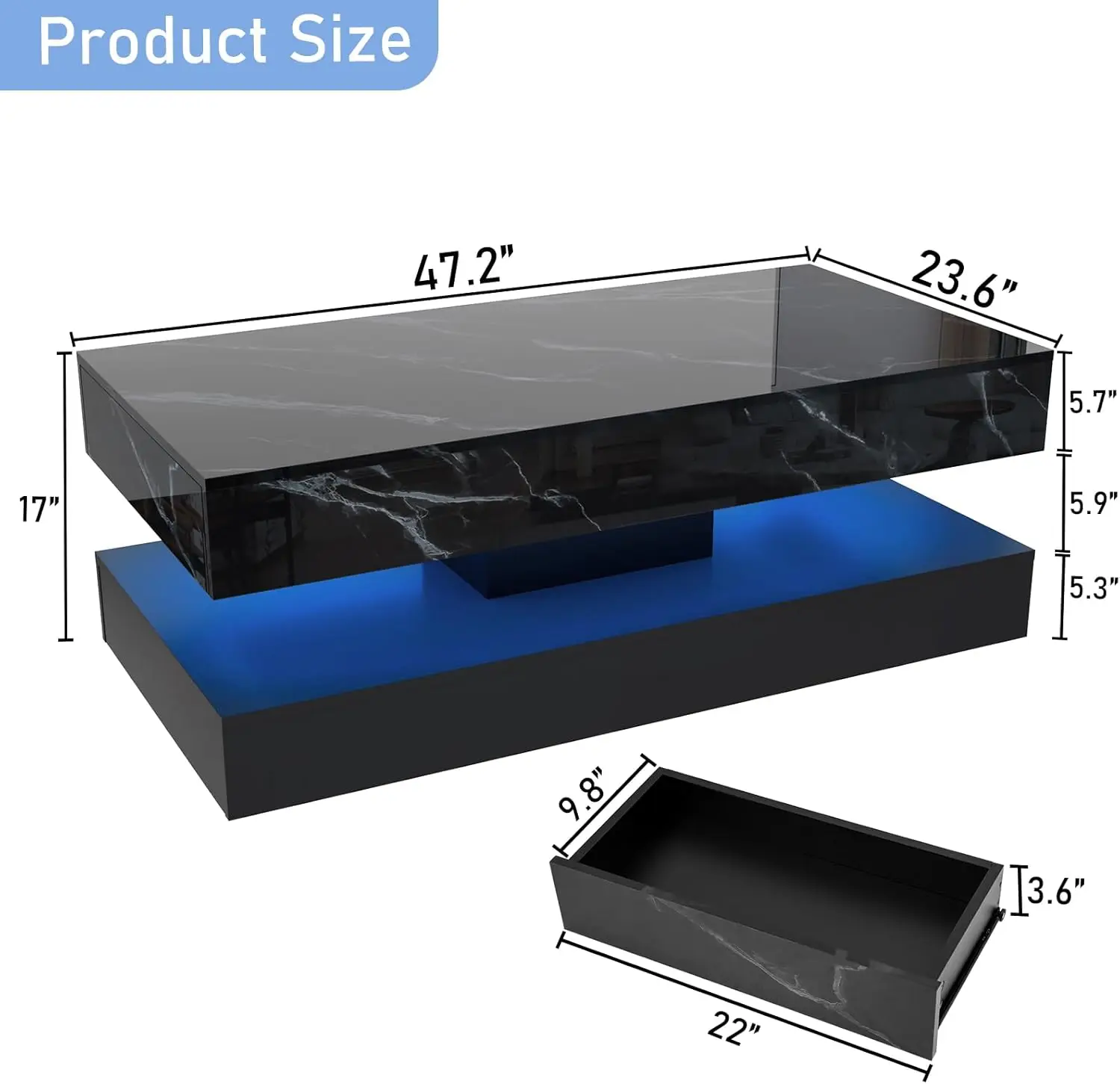 Large High-Glossy LED Coffee Table with 2 Sliding Drawers, Living Room Storage Tables with Marbling Print, Modern Stylish