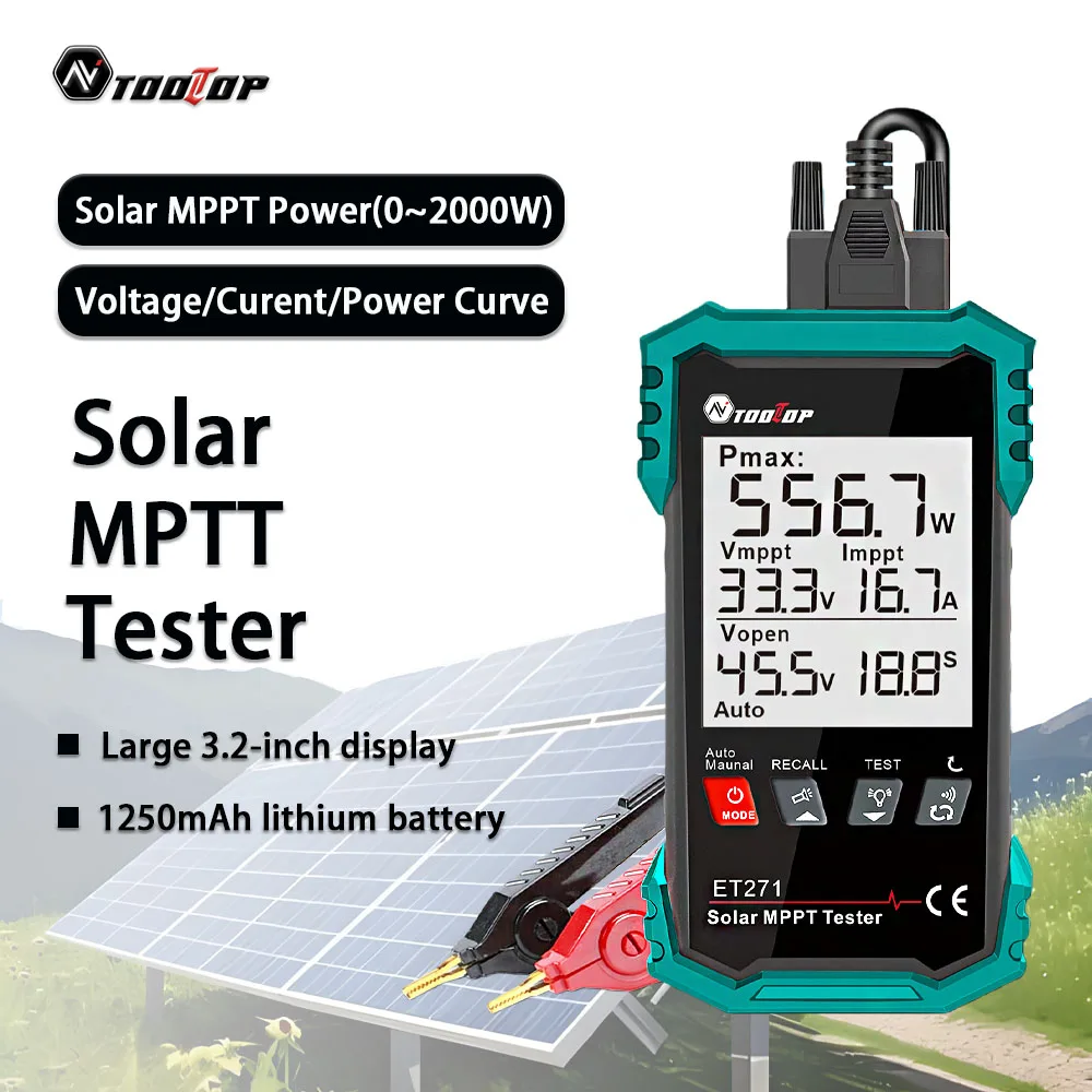 TOOLTOP ET271 2000W Solar MPPT Tester 3,2-Zoll Solarleistungsmessgerät Pmax Voc und Lsc Photovoltaik-Panel-Wartungsmessung