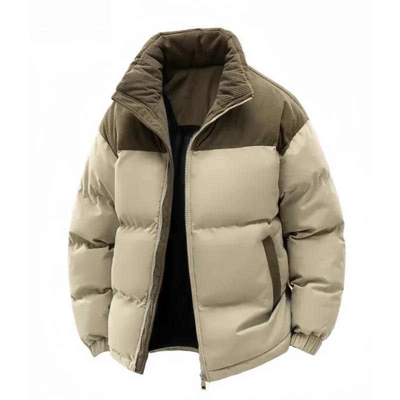Corduroy Patchwork Detachable Hooded Cotton Jacket for Men and Women, Winter Color-Blocking Thickened Warm Short Loose Cotton Coat