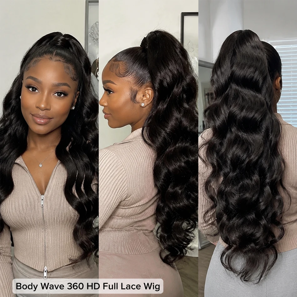 

40 Inch Body Wave 360 Full HD Lace Frontal Wigs Human Hair Preplucked with Baby Hair 230 Density Drawstring Wig HD Lace Front Human Hair Wig Natural Color Glueless Wigs for Black Women
