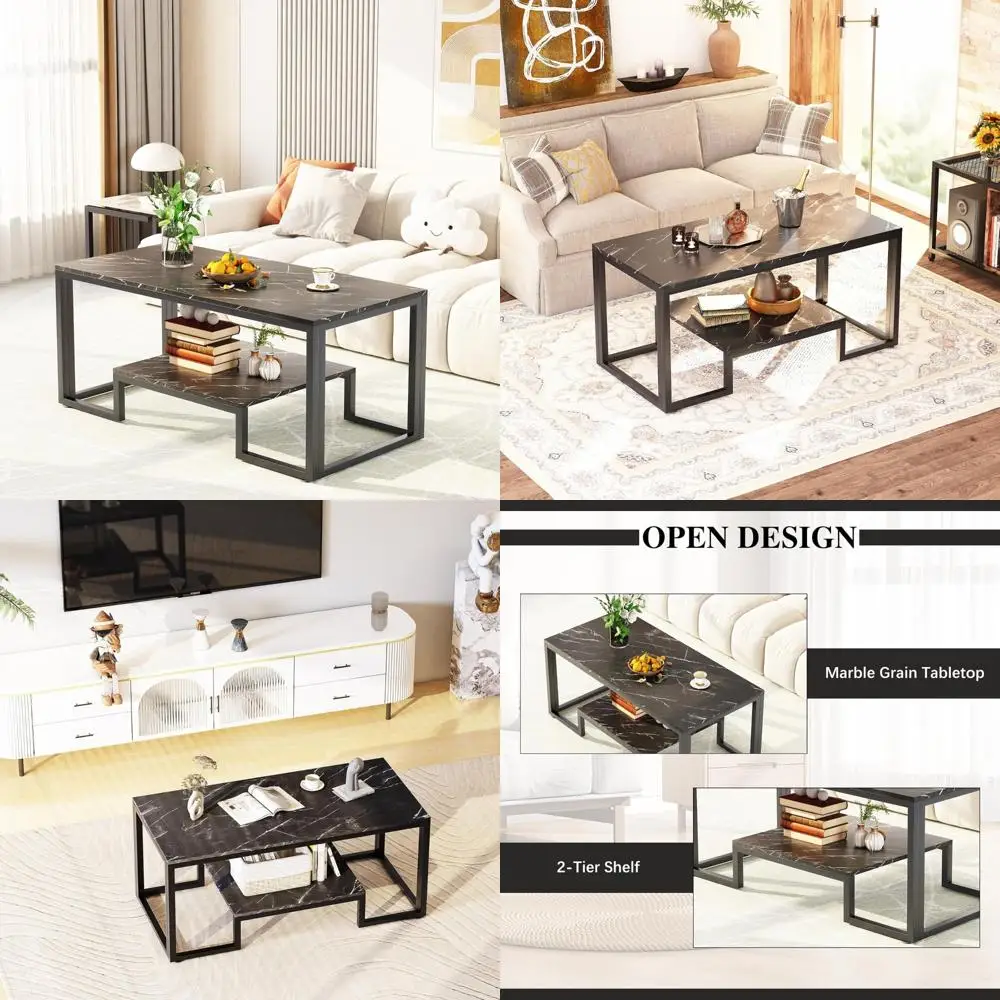 Mesa de centro retangular moderna em mármore falso com 2 camadas e estrutura de metal resistente para sala de estar