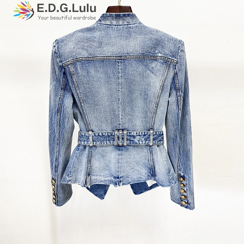 EDGLuLu 2025 가을 패션 V넥 다중 포켓 데님 재킷 여성 레저 스트리트 긴 소매 슬림 데님 재킷+벨트0907