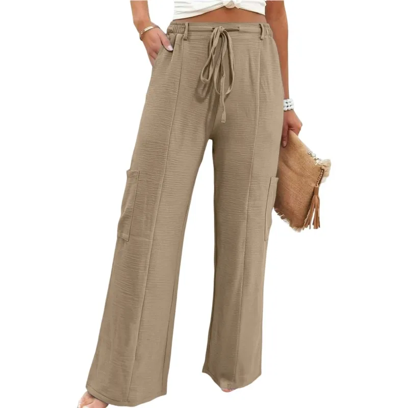

Foreign Style Solid Pants With Pocket Women's Summer Fashion Thin Lace-up Design Wide Leg Pants Ladies Simple Versatile Trousers