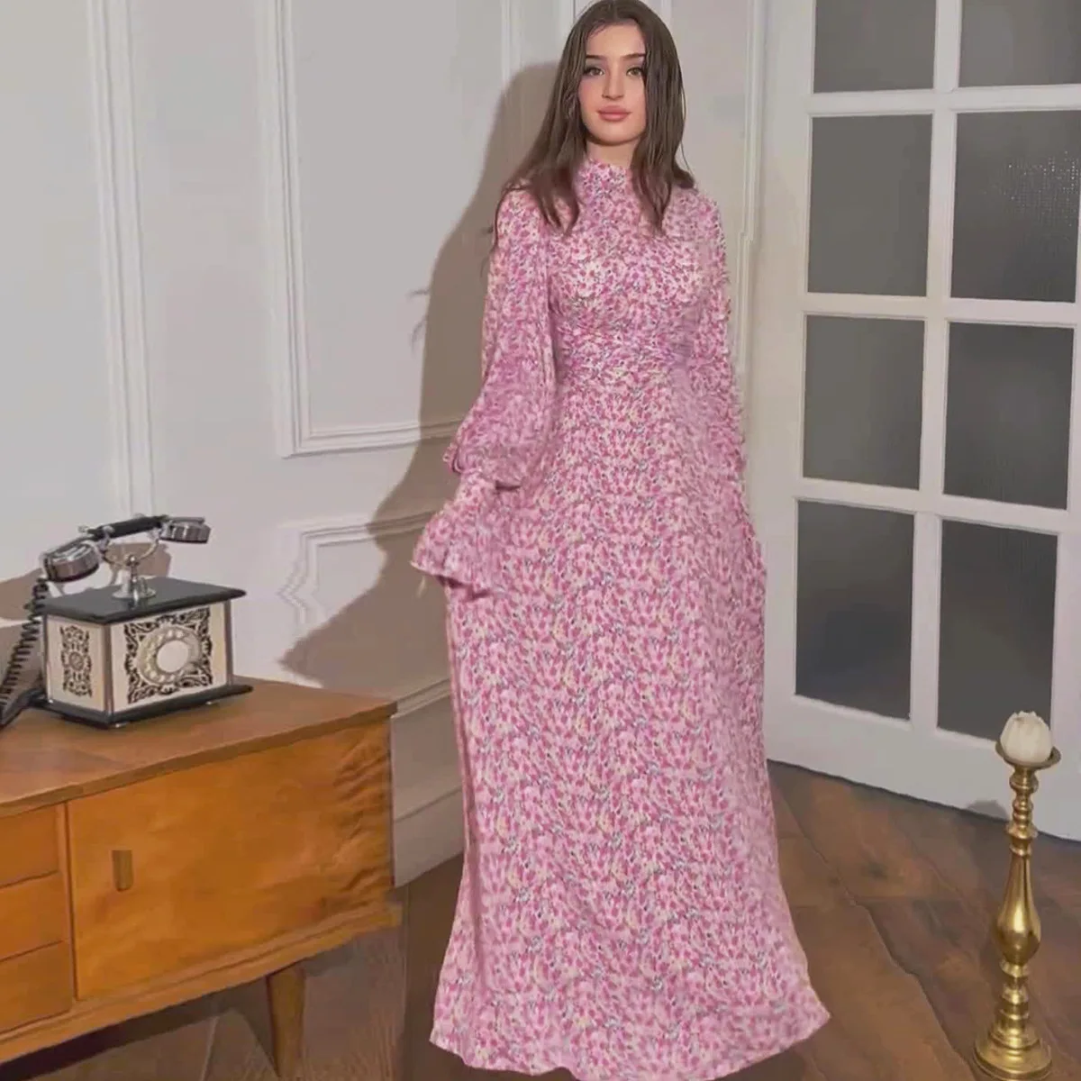 Summer Gentle Wind Loose Floral Satin Design Sense Belted Dr Knowl Sle mid Waist High Waist Long Sve Thiened