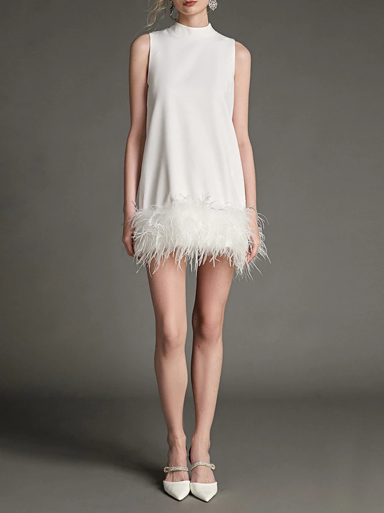 GALCAUR Solide Ärmelloses Kleid Für Frauen Rundhals Patchwork Federn Temperament Mini Kleider Weibliche Kleidung 2025, Stil Neue