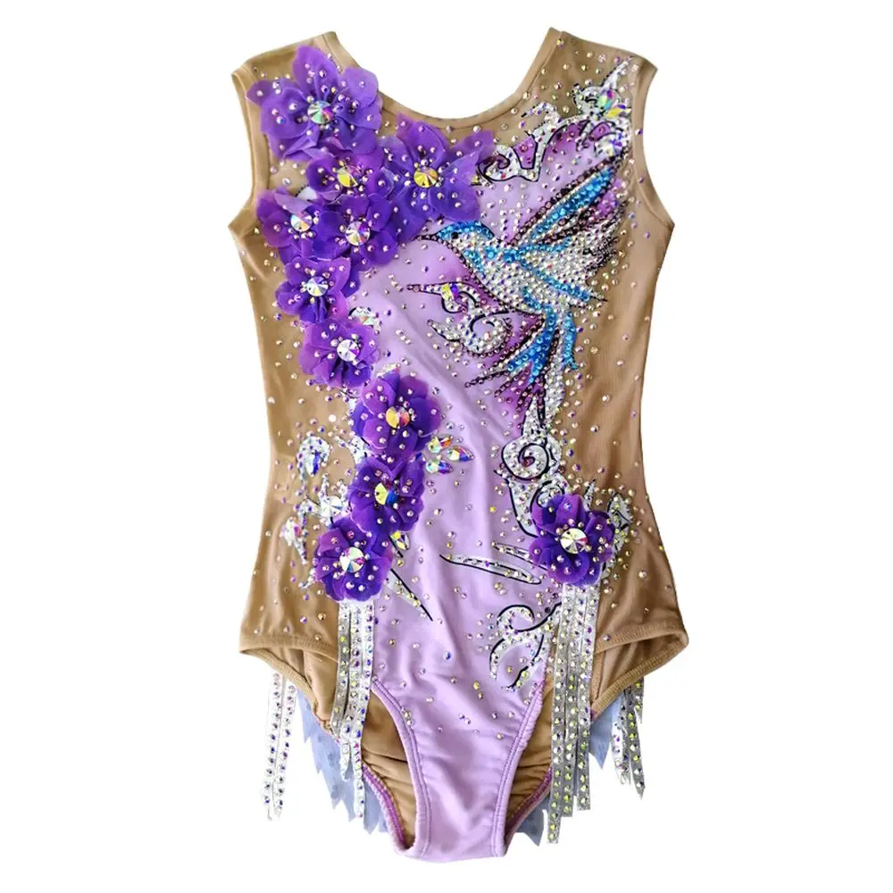 Rhythmic Gymnastics Leotards Purple Simulation Flower Diamond Bird Girl Competition Performance