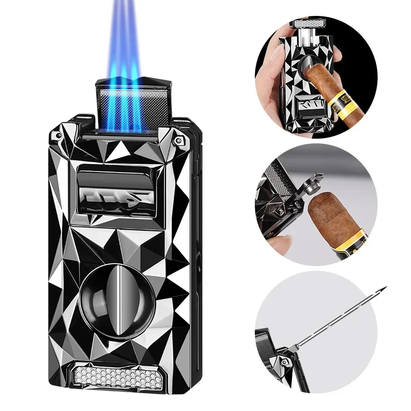 2027 New diamond cigar V-shaped straight-cut lighter five-in-one portable portable driller needle lighter