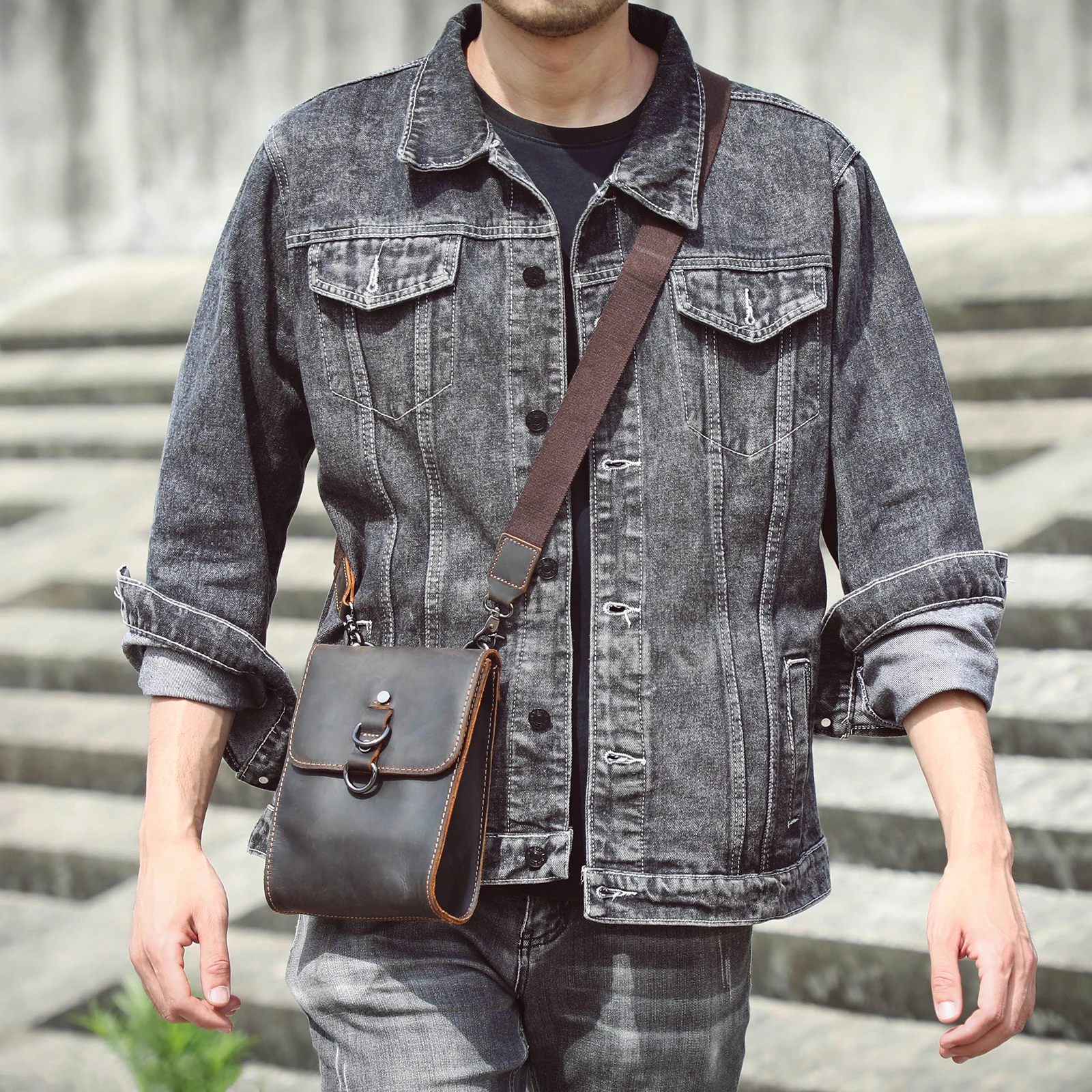 Vintage Echtleder Herren-Umhängetasche aus Crazy-Horse-Leder, Mini-Handytasche für Schlüssel und Karten – Detail 6