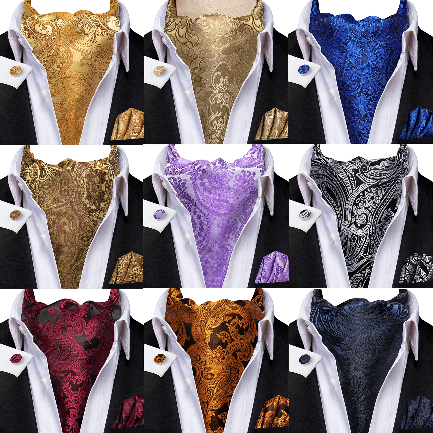 

Men's Ascots Fashion Luxury Paisley Color blocked Cravat Set with Cufflinks and Handkerchiefs for Daily Casual Outing