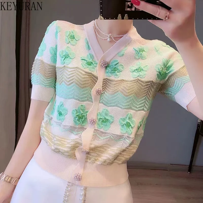 2024 Summer New Flower Jacquard Beading Short Sleeve Sweater Women V-neck Hollow Out Single Breasted Knitted Cardigan Crop Tops