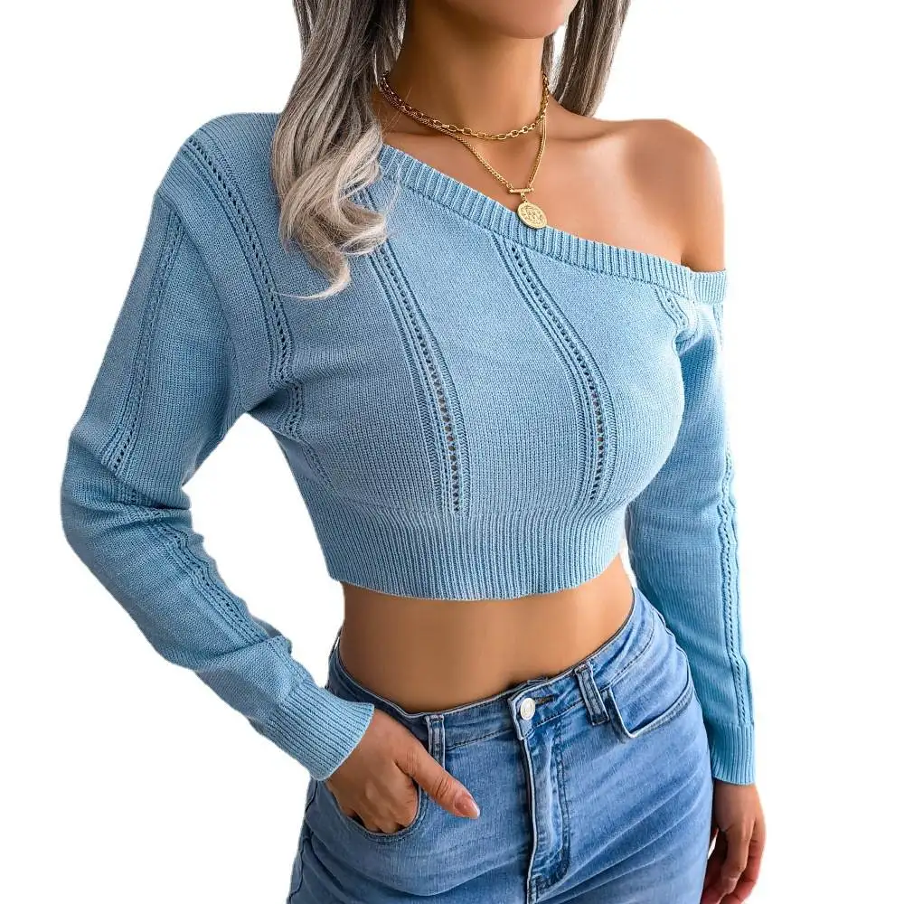 Suéter Corto de Otoño Invierno, Manga Larga, Cuello Inclinado, Un Hombro Descubierto, Ombligo al Descubierto, Moda Femenina T...