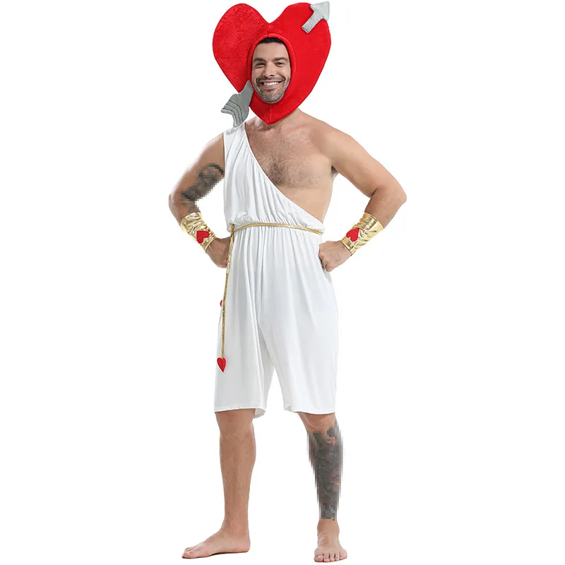 

Men Greek God Of Love Outfits Carnival Halloween Fancy Dress Up With Red Heart Hat Bow Arrow Adult Costume