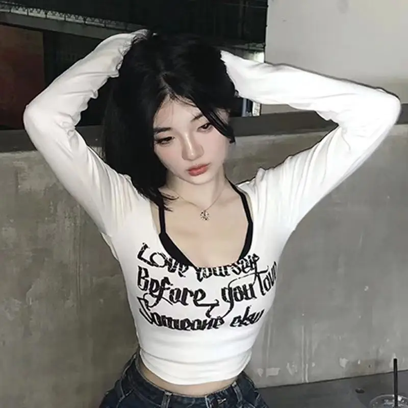 Y2k Aesthetics Clothing Harajuku Streetwear Cropped Tops 2 Pieces Long Sleeve T-shirt Camisole Women Tees Slim Sexy Letter Print