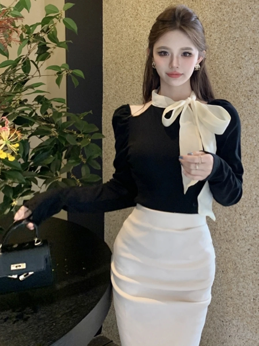 Elegant Black Off-Shoulder Color Block  Knot Belt Design Slim Fit Long Sleeve High-End Feeling Top French Style Univ...