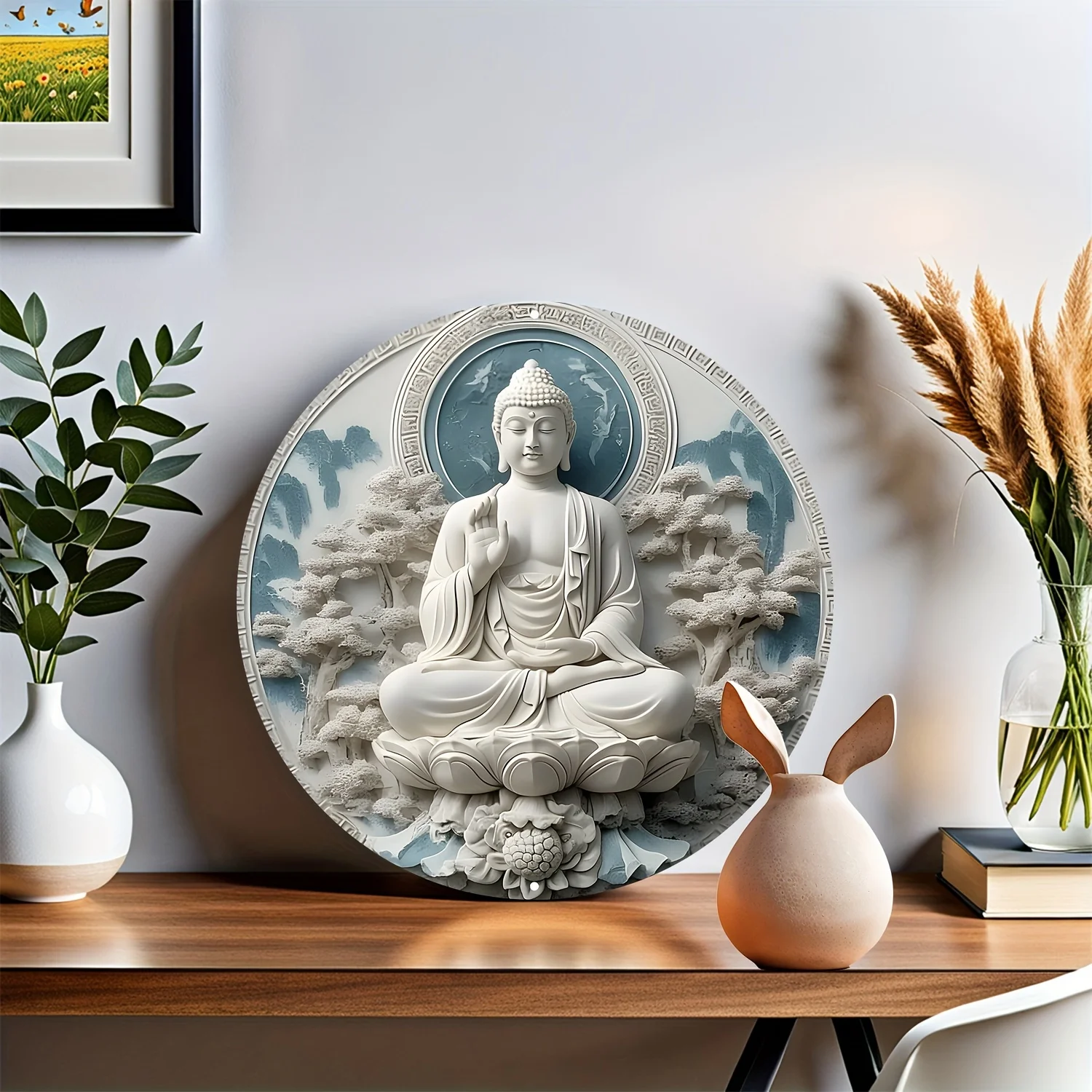Aluminum Buddha Wall Art Decor, 8-Inch Round Waterproof Metal Poster, 3D High-Definition Printing