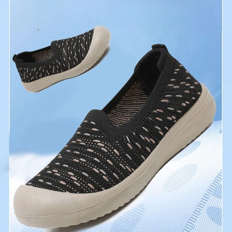 Summer Hollow‑out Knit Mesh Slip‑on Shoes for Woman Breathable Soft Sole Non‑slip Cloth Shoes Versatile Casual Walking Flats