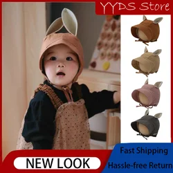 Child Spring/summer Large Brim Sun Hats Infant Squirrel Ear Cotton and Linen UV Protection Lace-up Cap