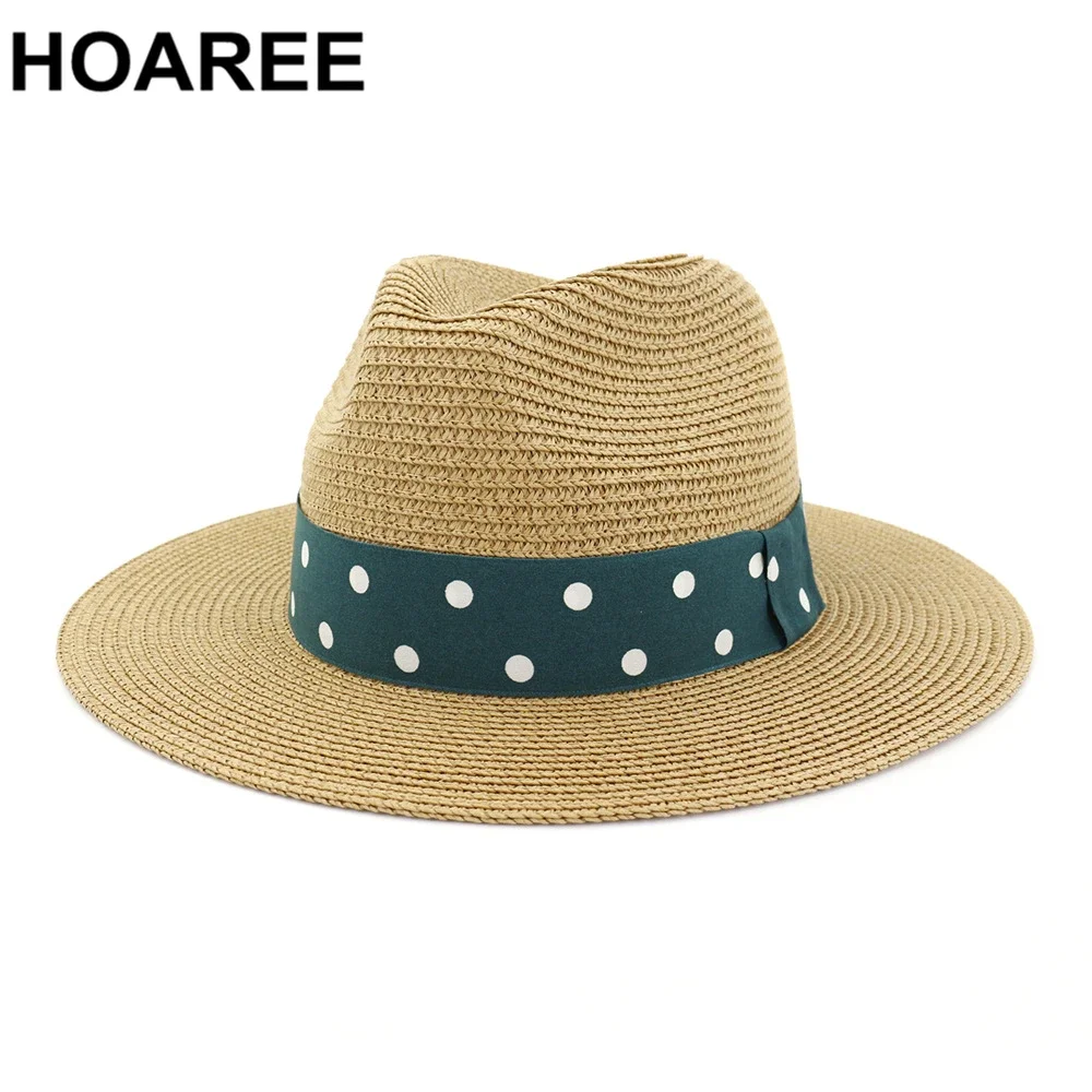 

HOAREE Dot Print Women Straw Fedora Female Sunhat Vintage Panama Hat Summer Beach Sun Visor Cap Chapeau Jazz Trilby Cap Sombrero