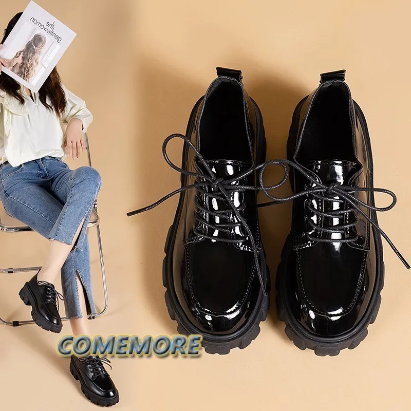 Leather Platform Oxford Shoes Woman\'s Spring Autumn Lace Up Black Flats for Women Classic Thick Bottom Student Shoes Large Size