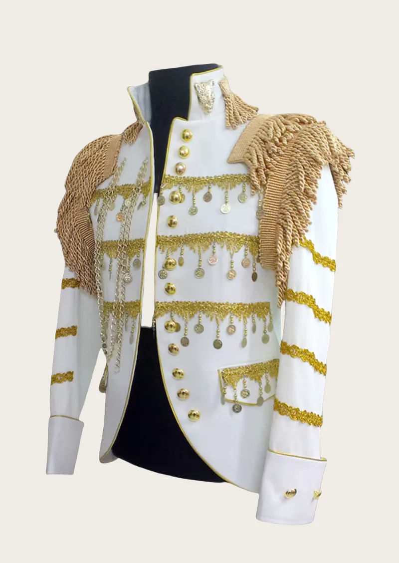 Handmade Men's Royal White Exo Performance Jacket Costume Party Show Host Stage Dress Nightclub Male Singer Dancer Outfits