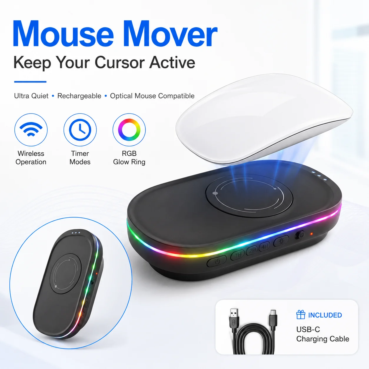 Rechargeable Mouse Mover Jiggler with Timer RGB Light Ultra Quiet Automatic Mouse Movement Device for Optical Mice PC Laptop