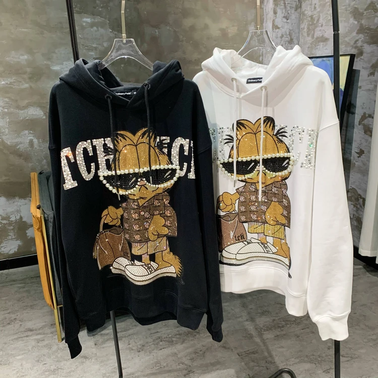 Trendy Men Women Hoodie Tops New Autumn Winter Thicken Fleece Hooded Sweatshirt Cartoon Beading Hot Drilling Casual Sweatshirts