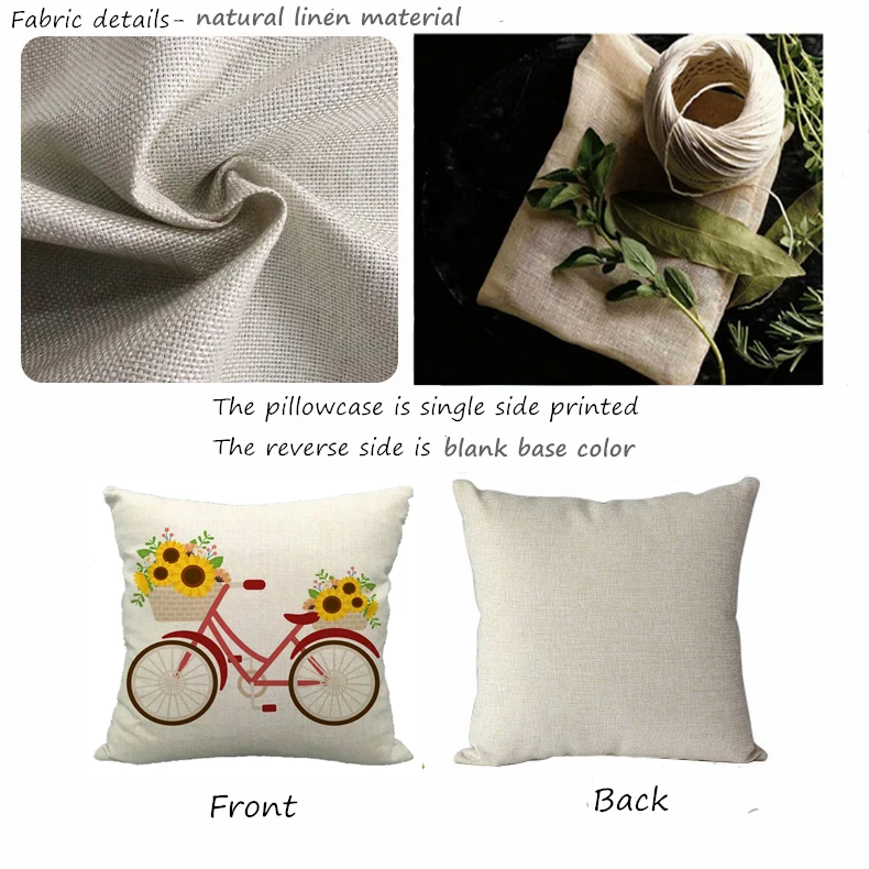 Hot Bicycle Flowers Print Linen Cushion Covers Country Style Floral Sofa Couch Throw Pillow Case Hipster Bike Ride Decor Pillows