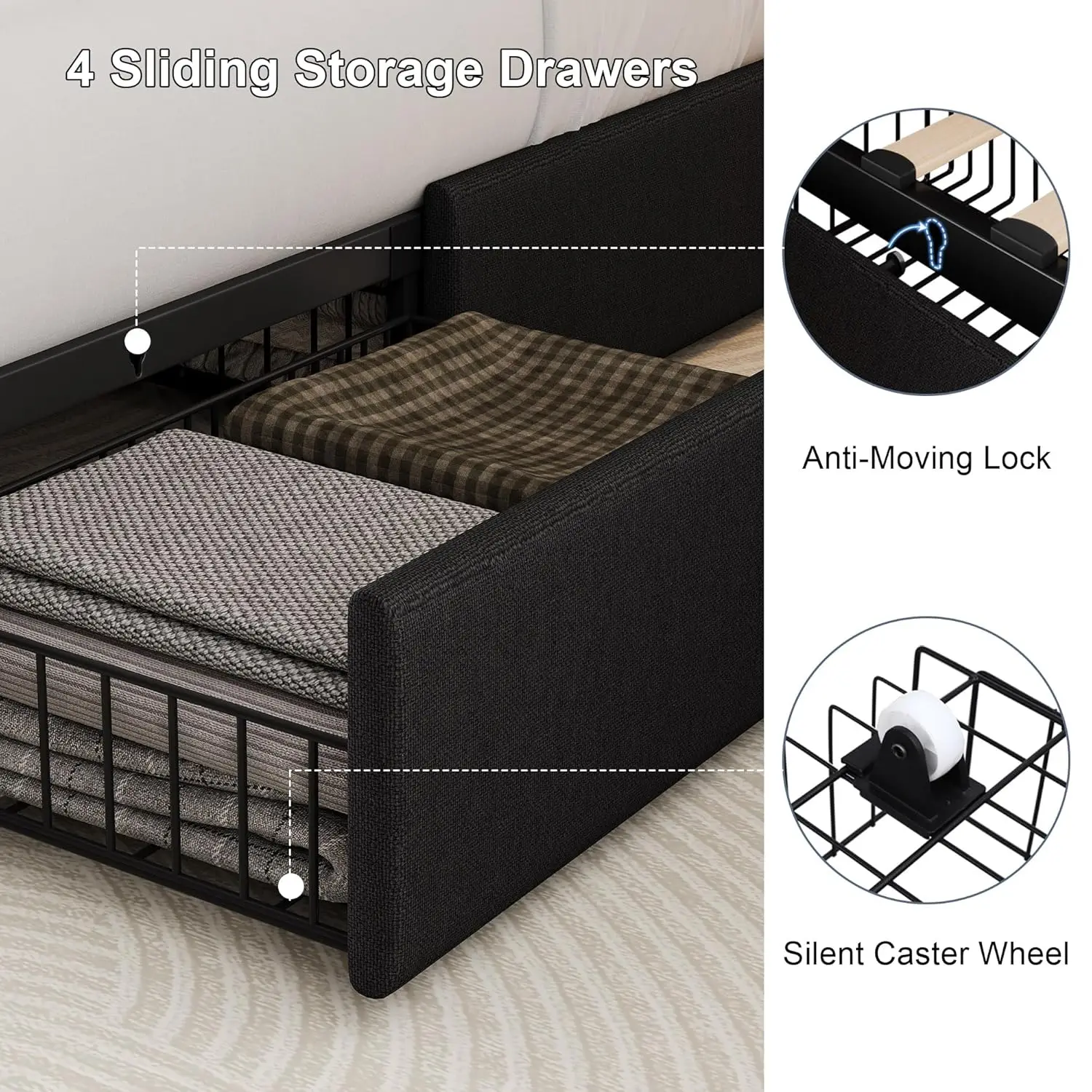 Queen Upholstered Platform Bed Frame with Storage Drawers USB Charging Wingback Headboard Wooden Slats No Box Spring, Customized - view 4