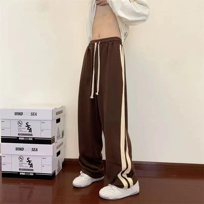 Trend Versatile Straight Sports Pants Men Patchwork Side Stripe Elastic Waist Drawstring Pocket Casual Student Wide Leg Trousers