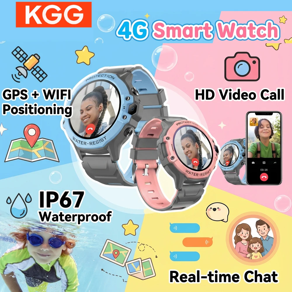 

Умные часы для детей с 4G, HD-видеозвонками и GPS-трекером, экран 1.28 дюйма, определение местоположения GPS/WiFi/LBS, аккумулятор 670 мАч, водонепроницаемые