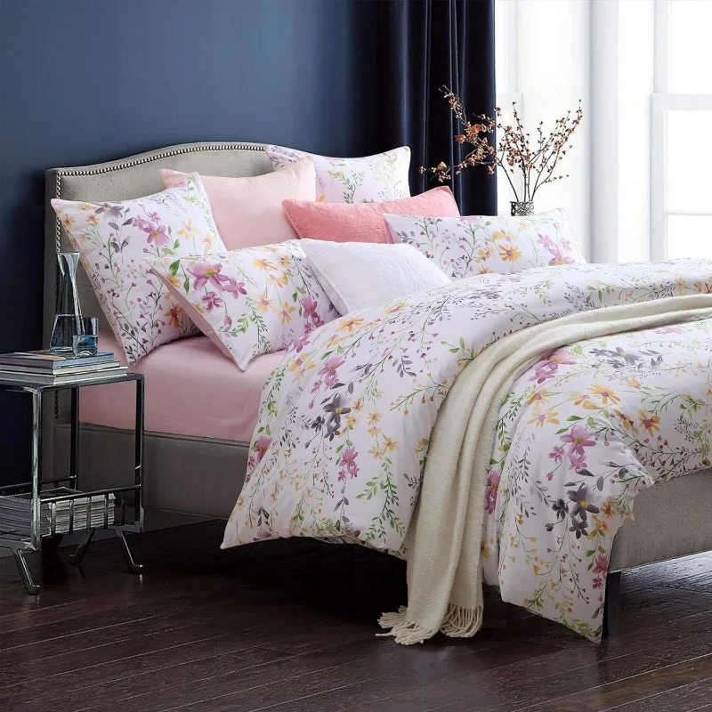 Garden Style Floral Queen Size, Pink Gray Green Branches Flower Leaf Print Bedding Set Reversible Purple Bedding Collection 1