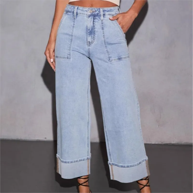 

Streetwear Casual Jeans Autumn Clothing Women Large Pocket High Waist Washed Wide Leg Pants Denim Trousers Jean Pants Bottoms