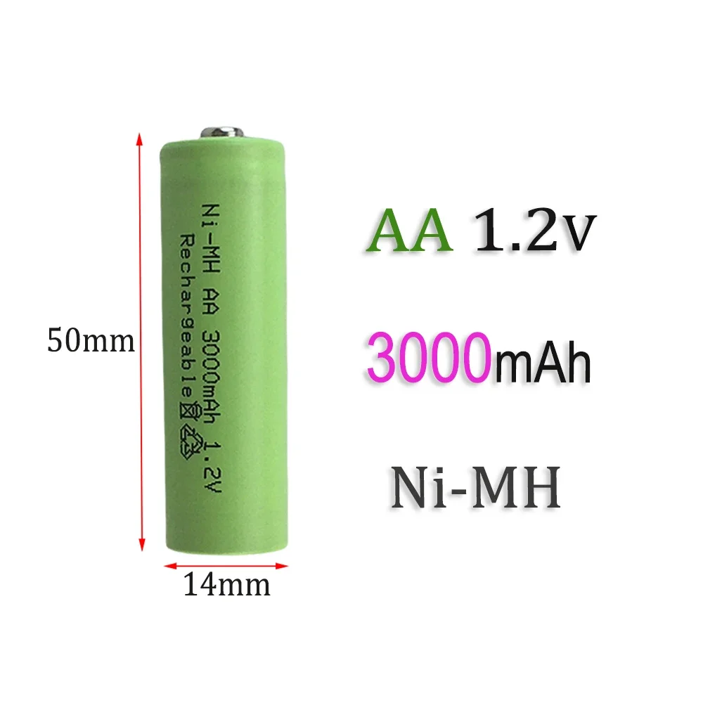 Ni-MH Bateria Recarregável Adequado para MP3 RC Brinquedos, Lanterna LED, AA, 1.2V, 3000mAh, 3.0Ah