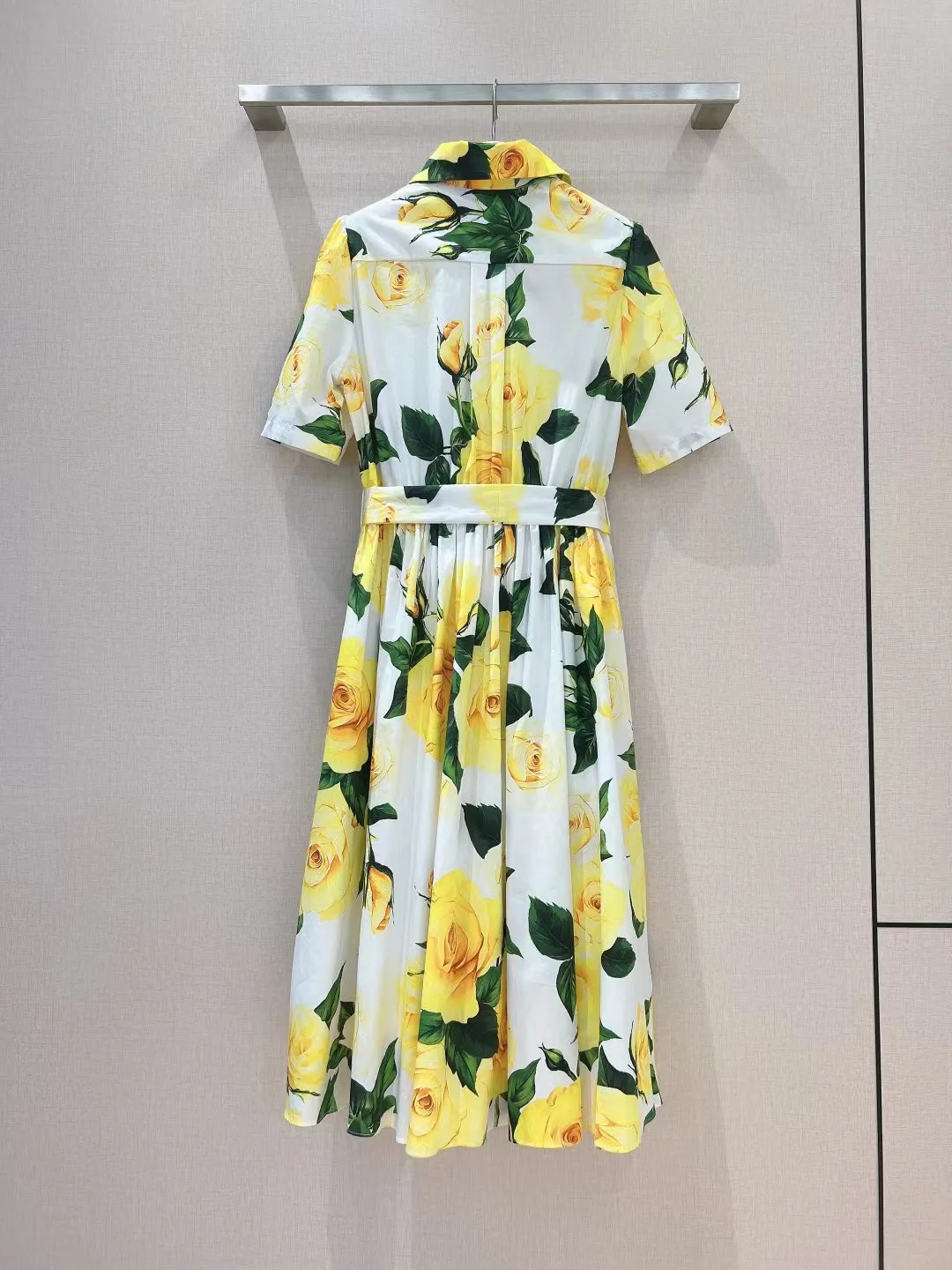 2024 New High end Customized Classic Yellow Rose Print Pattern Flip Collar Pure Cotton Dress