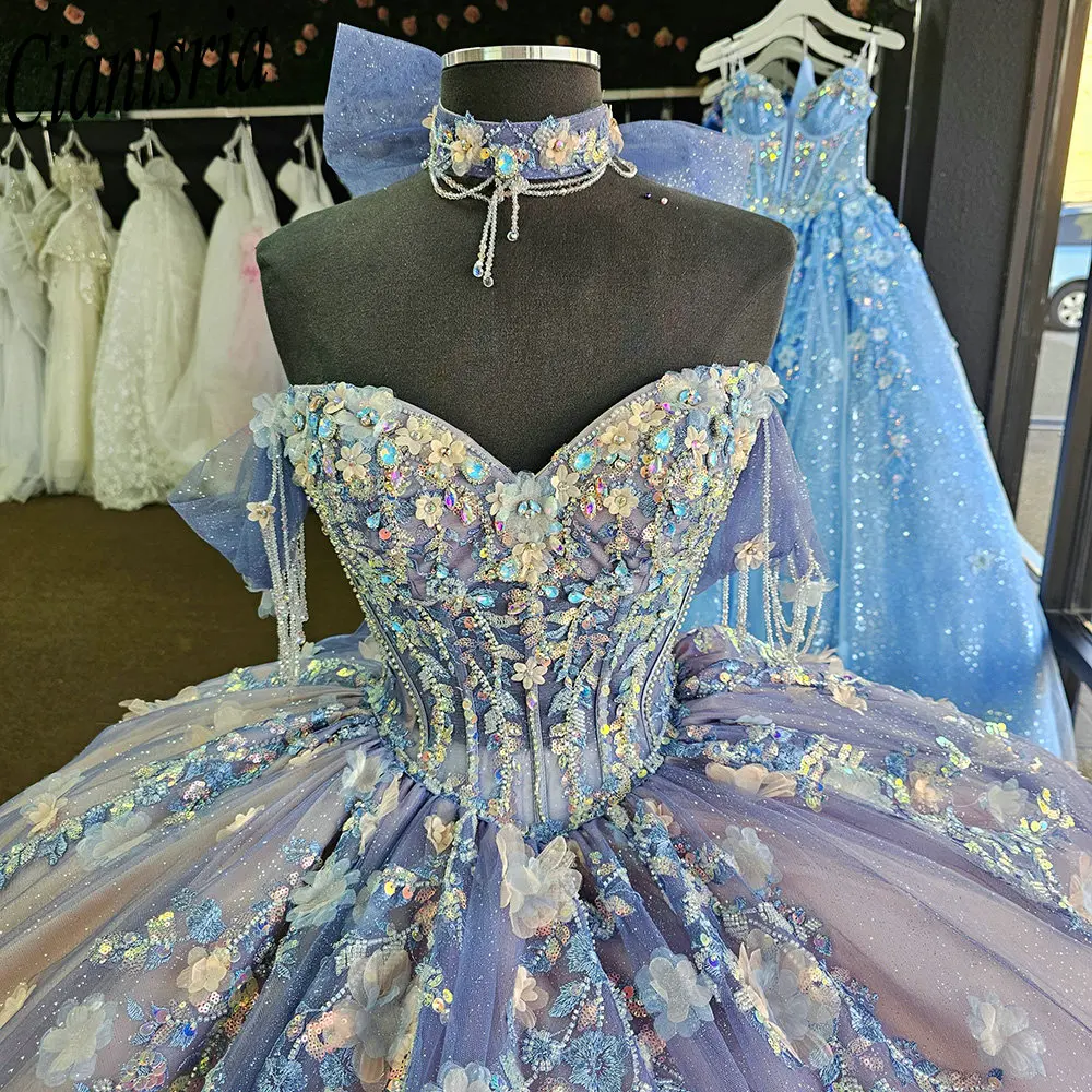 

Блестящие кристаллы и бисеры, 3D цветы, платья Quinceanera, бальное платье, расшитое блестками, аппликации, кружево, сладкий 15 лет, мексиканский индивидуальный заказ
